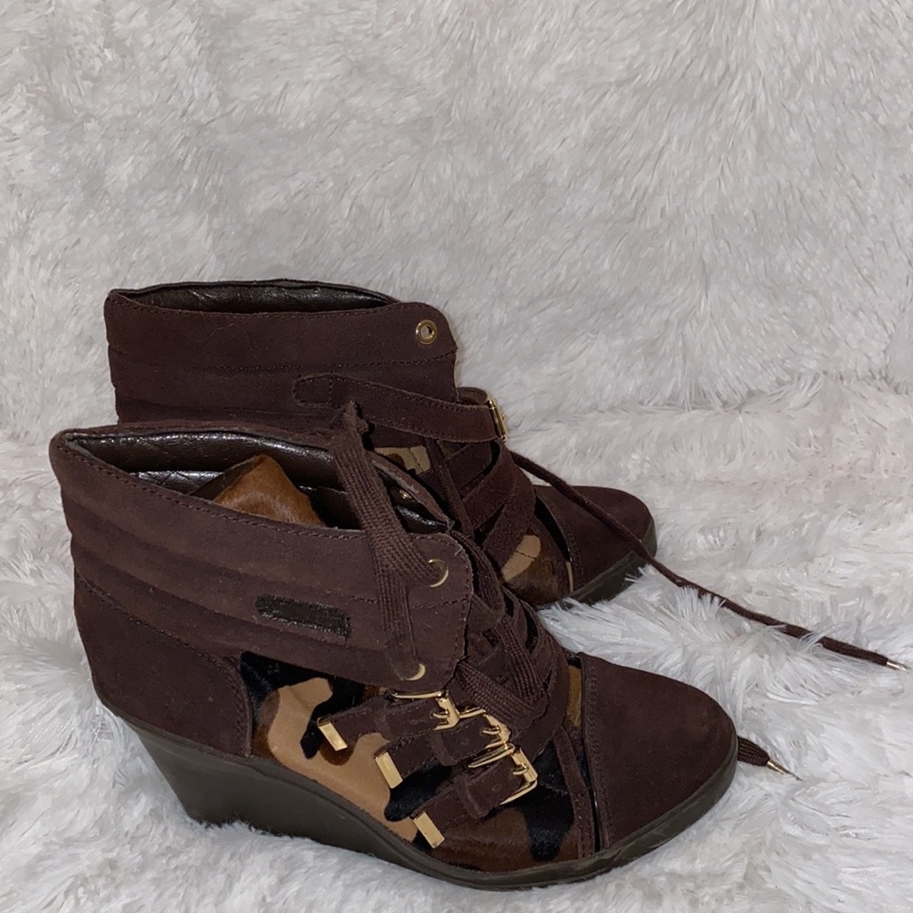 Michael Kors heeled sneakers, size 10. Brown and animal print, gold hardware